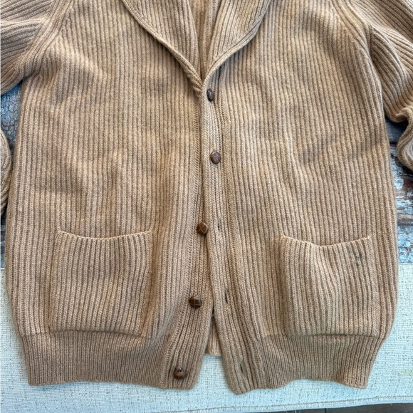 Lands' End 100% Camel Hair Men's Brown Ribbed Cardigan made in Scotland - Picture 10 of 13
